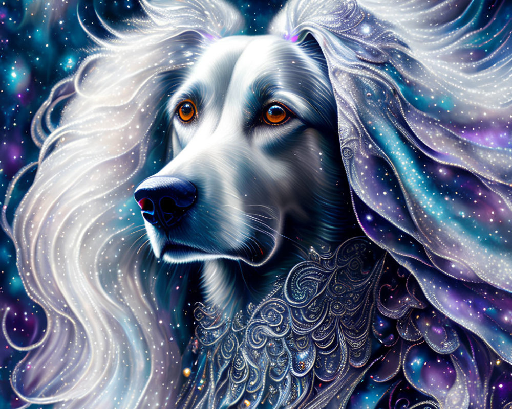 Celestial-themed digital art portrait of a dog with starry mane in blue and purple hues