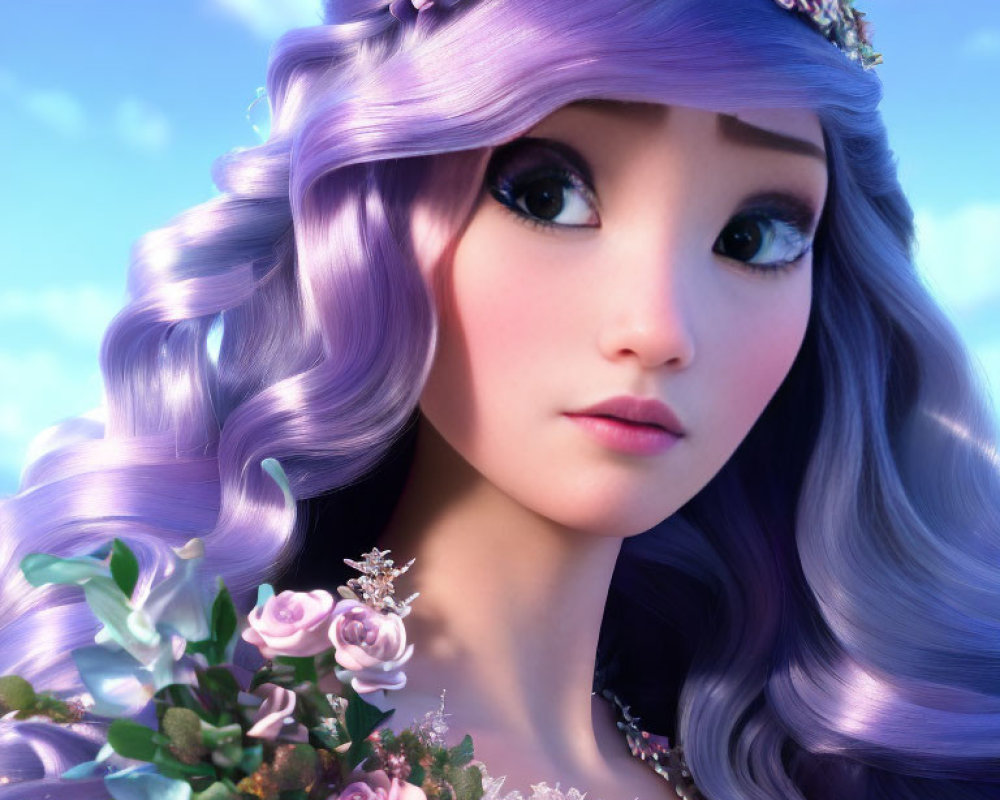 Digital artwork featuring female character with purple hair, floral headband, and blue eyes on blue sky backdrop