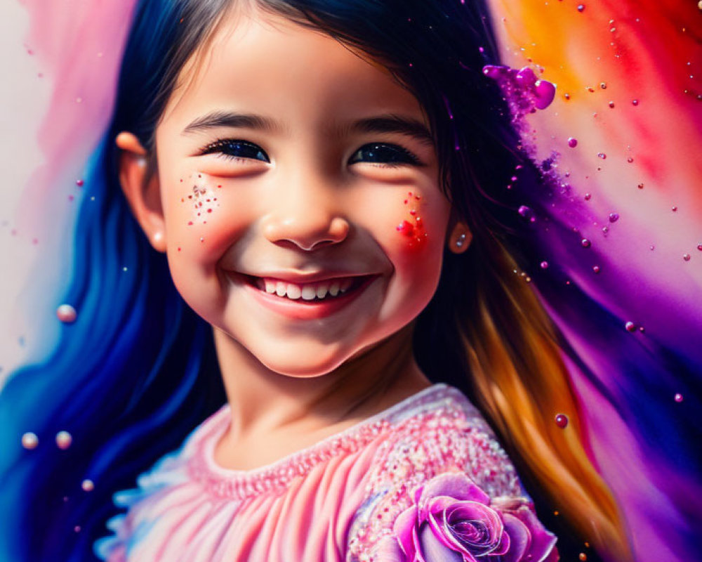 Colorful Paint Streaks Surrounding Smiling Girl