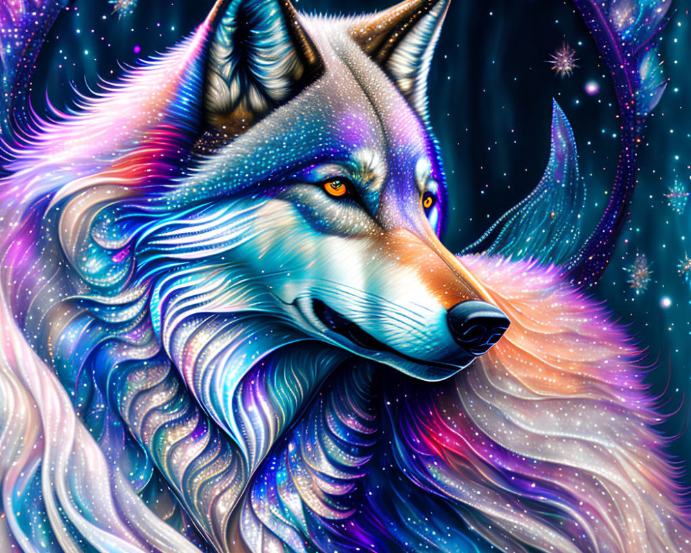 Colorful Wolf Illustration with Cosmic Theme