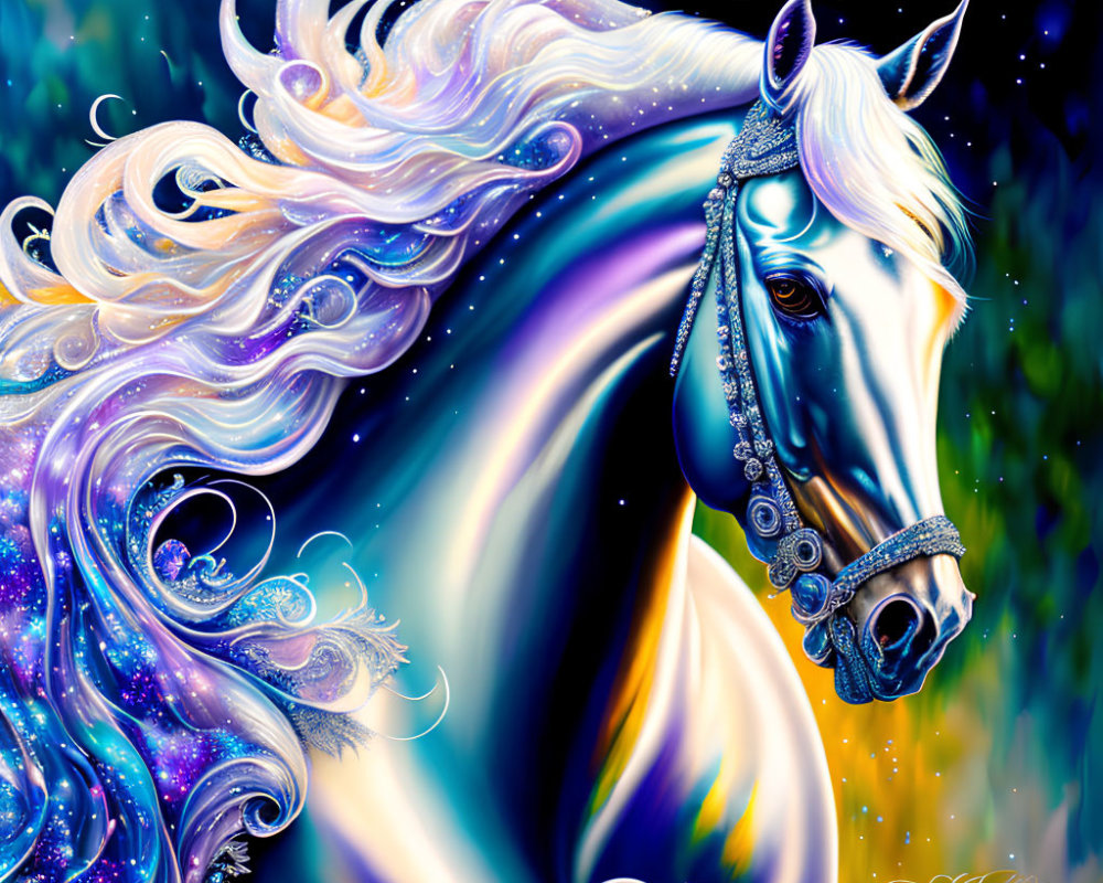 White horse with cosmic mane and jeweled headpiece on starry background