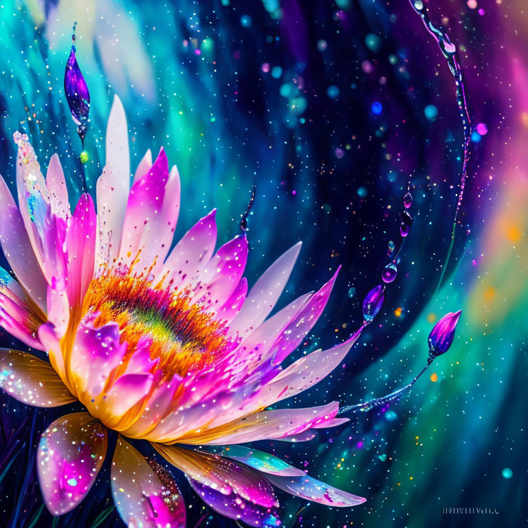 Colorful Flower with Water Droplets on Cosmic Background