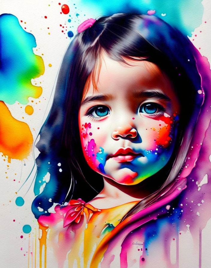 Vibrant portrait of young girl with paint splashes in mix of realism and abstract art