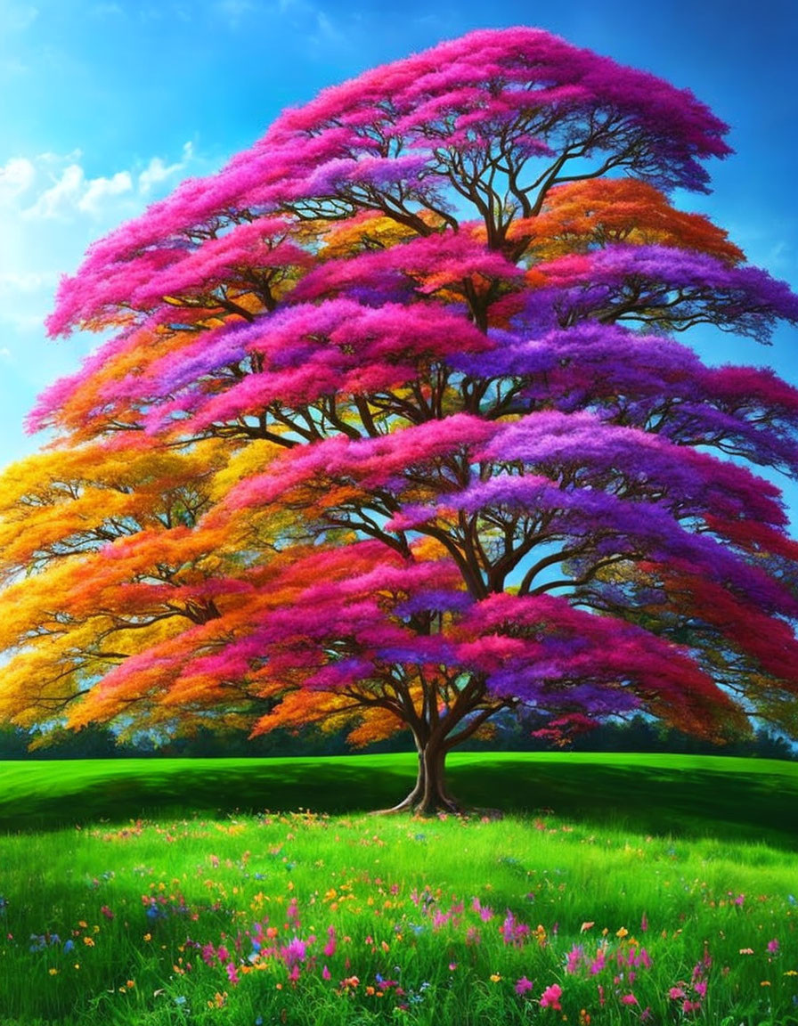 Colorful gradient tree against blue sky and green field.