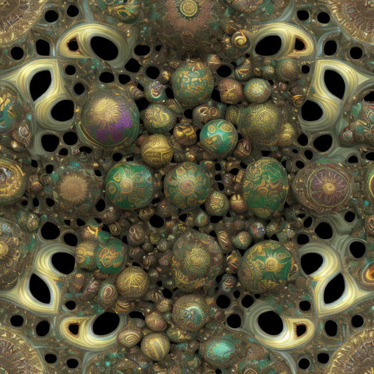 Intricate fractal art: ornate spheres on honeycomb background