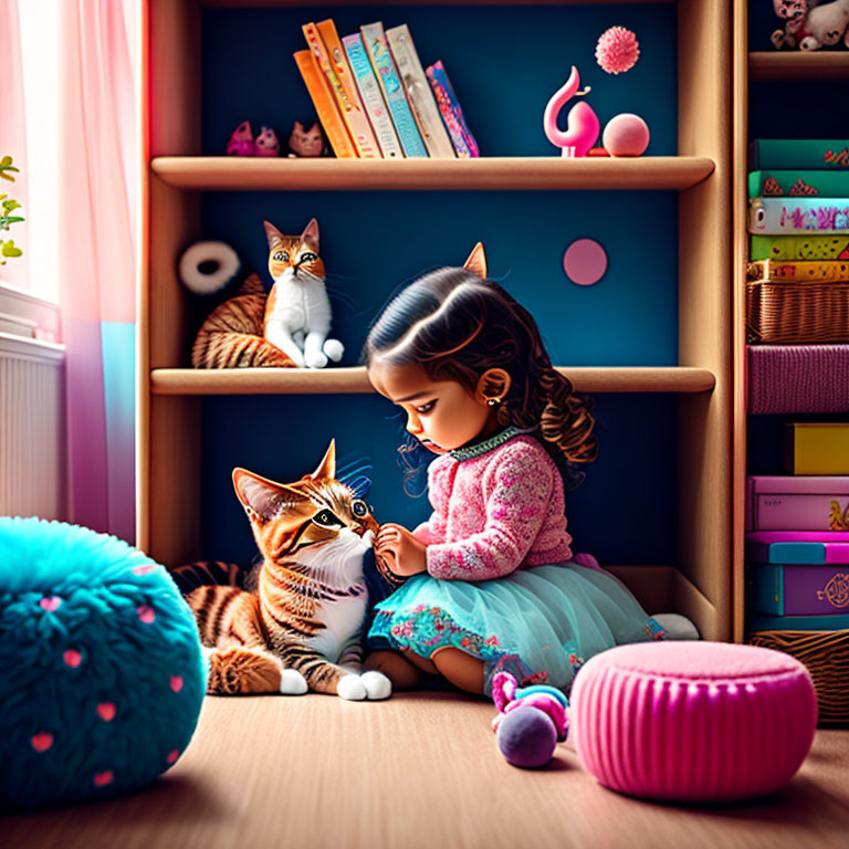 Young girl in pink sweater petting tabby cat in colorful room