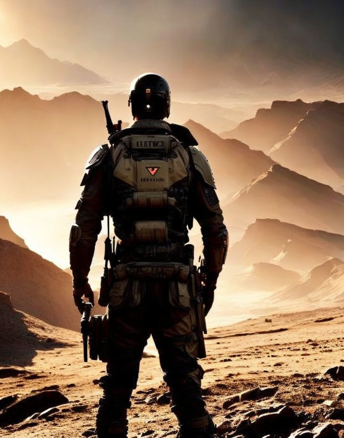 Astronaut silhouette on rocky Mars-like terrain with futuristic gear