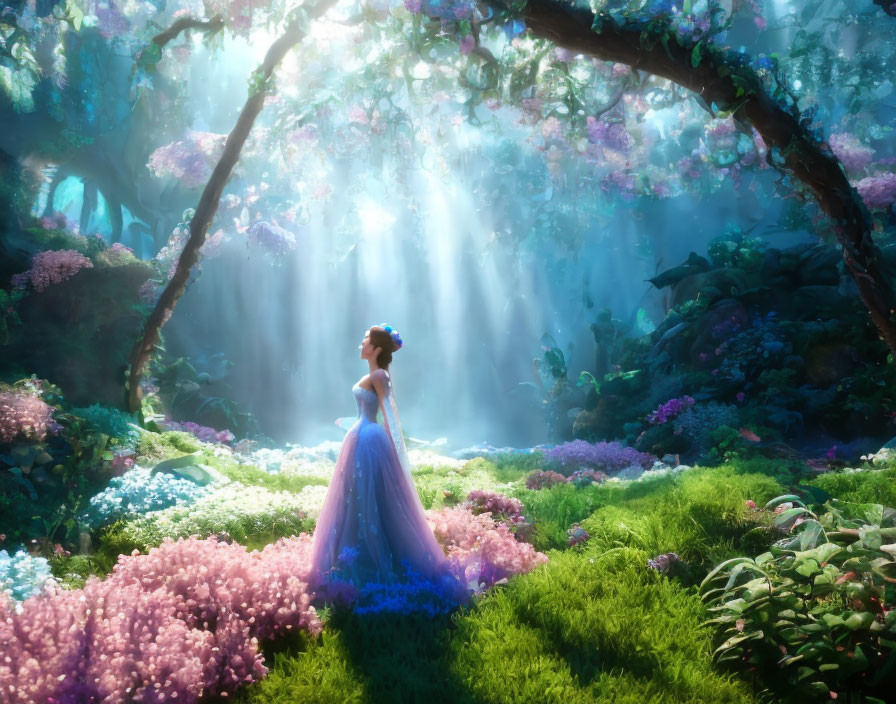 Woman in flowing gown in magical forest glade with vibrant flowers.