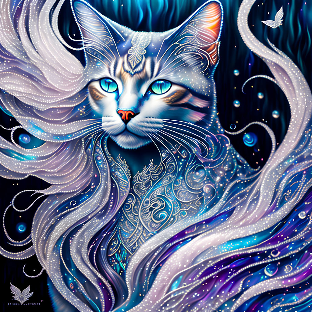 Vibrant mystical cat art with blue eyes and intricate patterns.