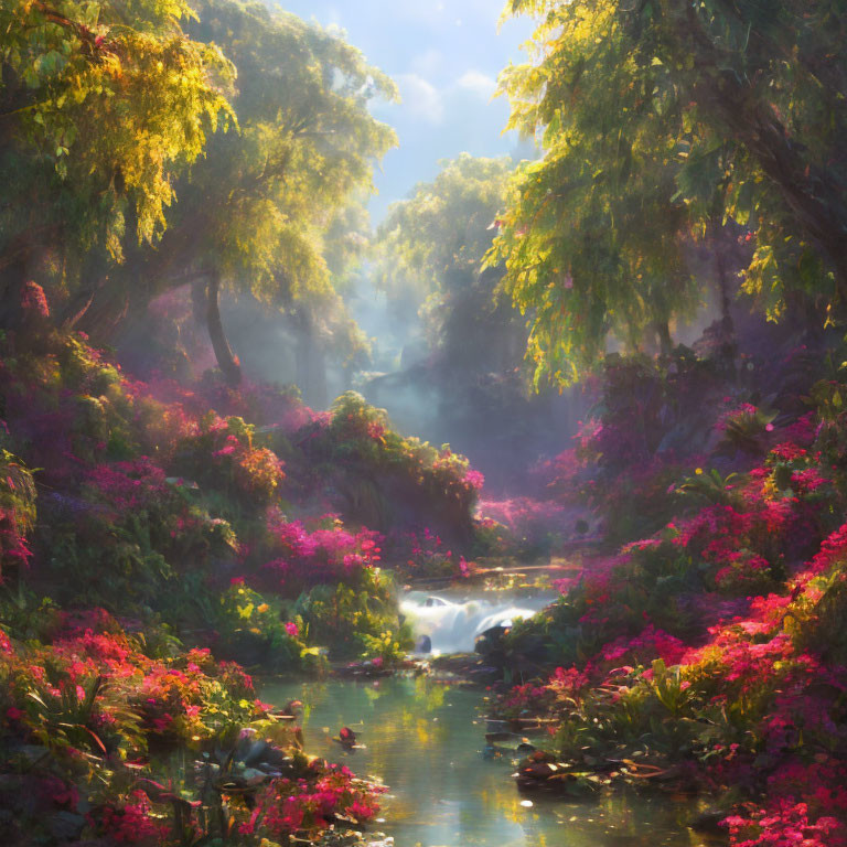 Tranquil sunlit forest scene with vibrant green and pink foliage, stream, and waterfall