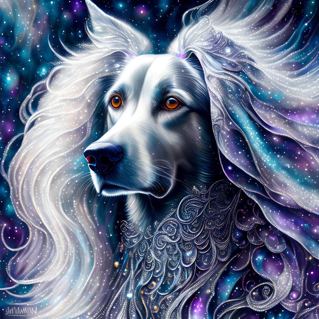 Celestial-themed digital art portrait of a dog with starry mane in blue and purple hues