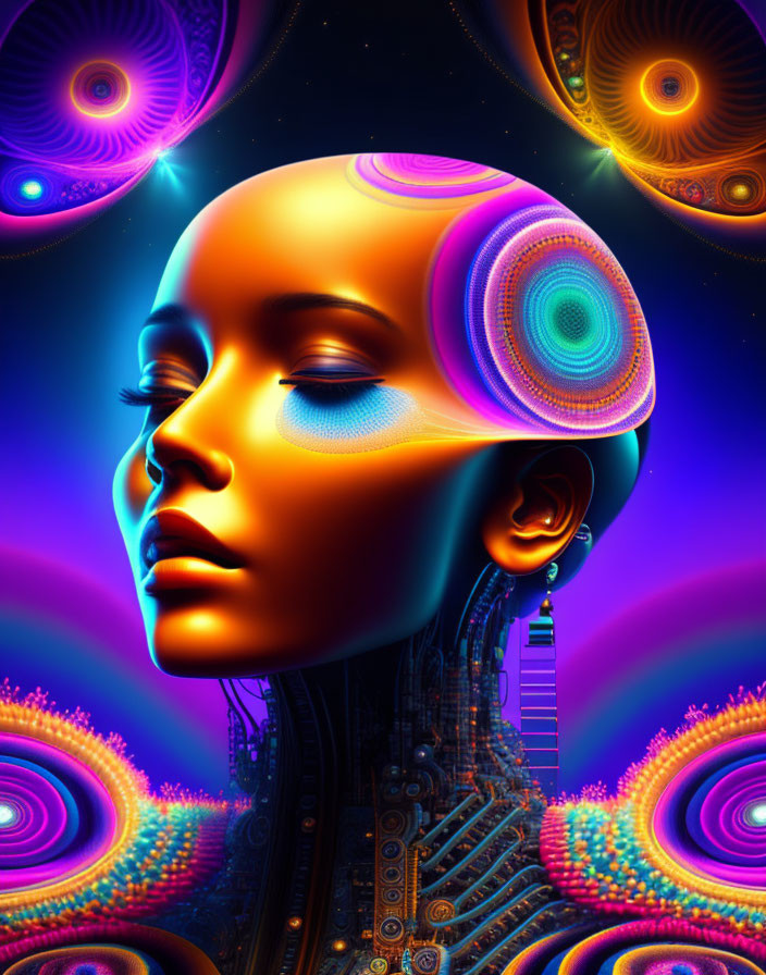 Colorful Digital Artwork: Stylized Female Figure with Mechanical Elements