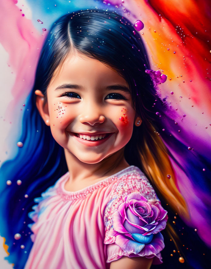 Colorful Paint Streaks Surrounding Smiling Girl