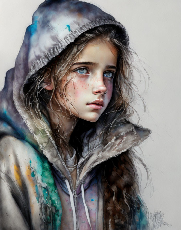 Portrait of young girl with blue eyes and paint-splattered hoodie.