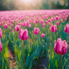 Pink tulips field with dew drops under soft hazy sky at dawn or dusk