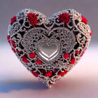 Heart-shaped object with red roses, filigree, and jewels for a romantic design