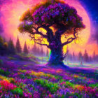 Majestic tree and colorful flora in vibrant fantasy landscape
