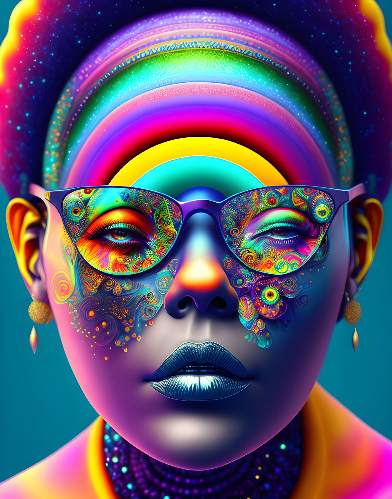 Colorful Psychedelic Portrait with Headwrap and Sunglasses on Teal Background