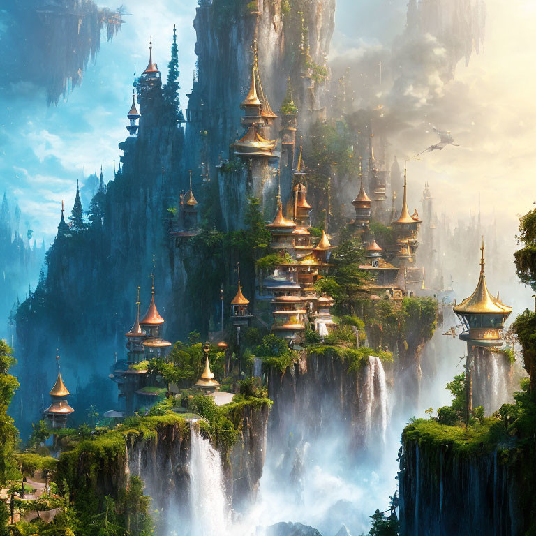 Ancient city on cliff with ornate towers in lush forest landscape