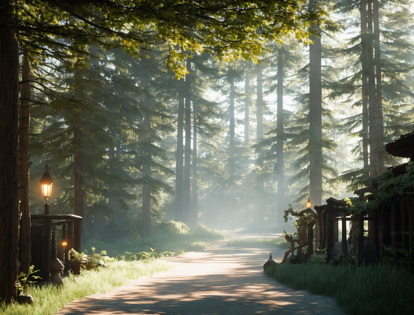 Tranquil forest path with towering trees and a lit lamp post