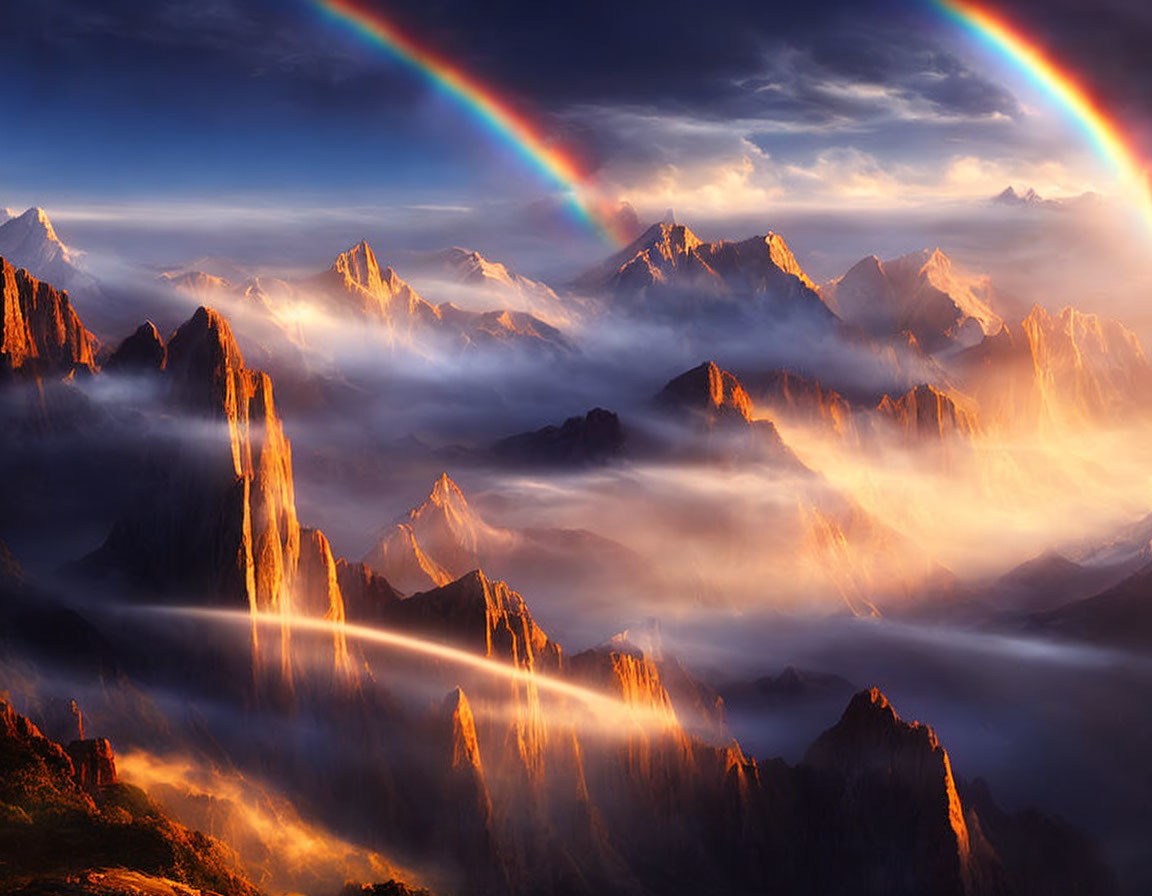 Majestic mountain landscape with double rainbow in golden light