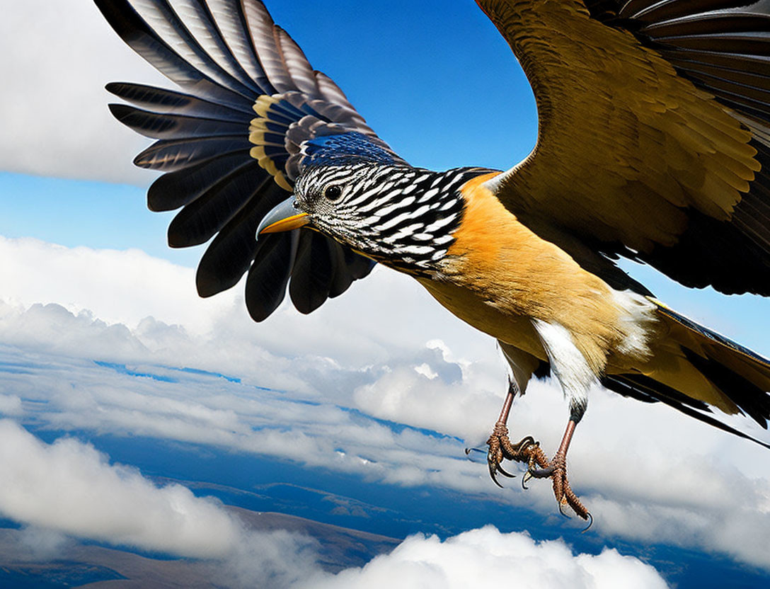 Colorful Bird Flying in Blue Sky with Clouds: Detailed Feathers & Wings