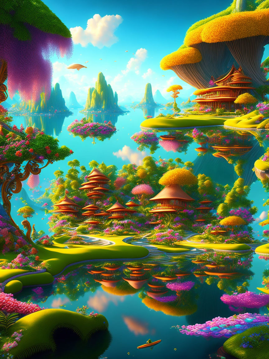 Colorful Flora and Floating Islands in Serene Fantasy Landscape