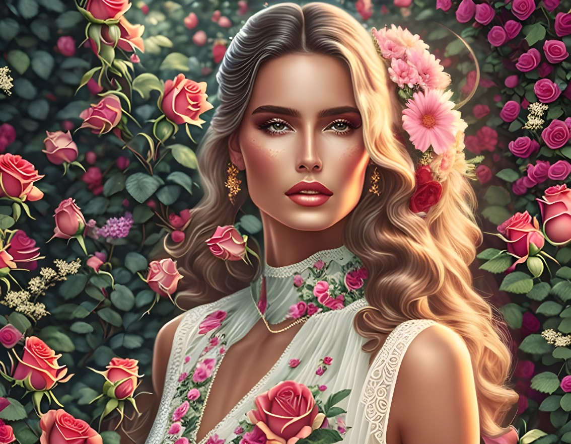 Illustration of woman with long wavy hair and floral dress among pink flowers and lush roses