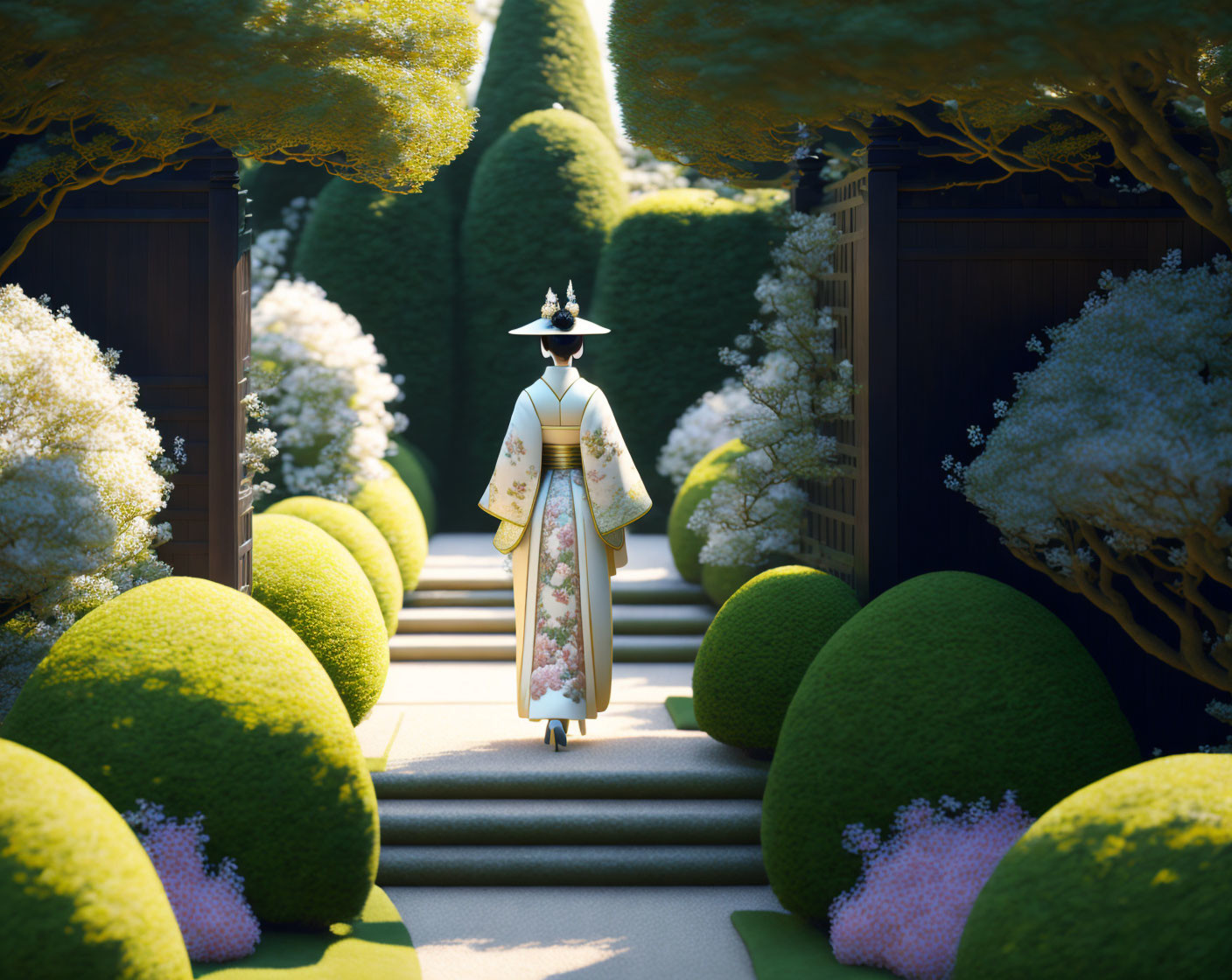 Traditional Japanese kimono and hat in serene garden setting