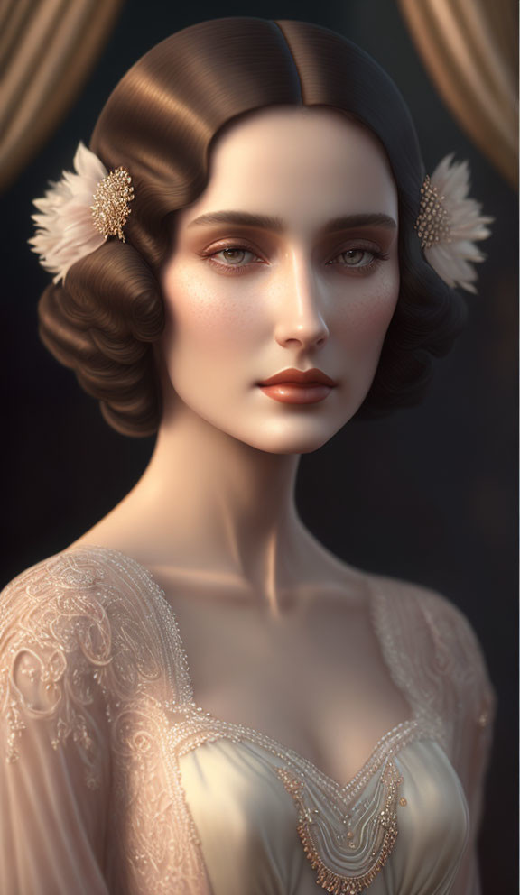 Vintage-inspired elegant woman in embroidered gown and pearl earrings.