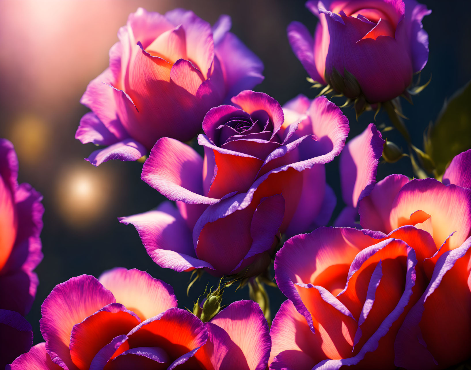 Vibrant purple and pink roses with sun flare, showcasing delicate petals.