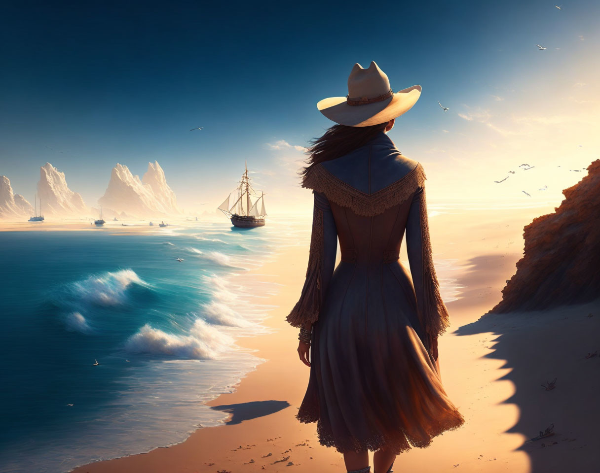 Woman in hat and dress on sandy beach with ships and icebergs at sea under sunrise/sunset