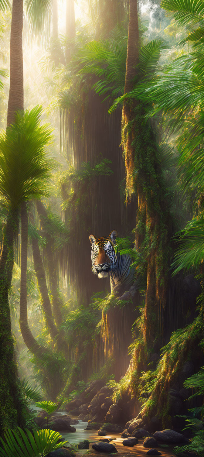 Tiger in Jungle with Sunbeams and Mist