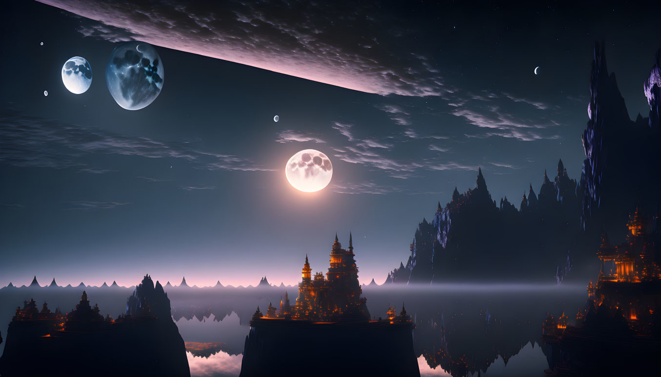 Night landscape with multiple moons, mystical temples on floating islands in a starlit sky