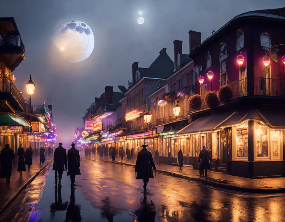 Night street scene with neon lights, pedestrians, and oversized moon.