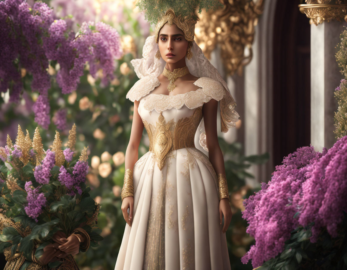 Regal woman in white and gold dress with ornate headdress among purple flowers