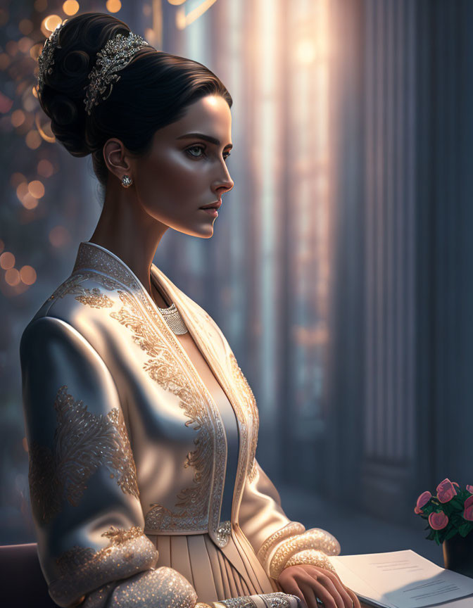 Sophisticated woman in cream gown with tiara and updo gazes beside sheer curtains