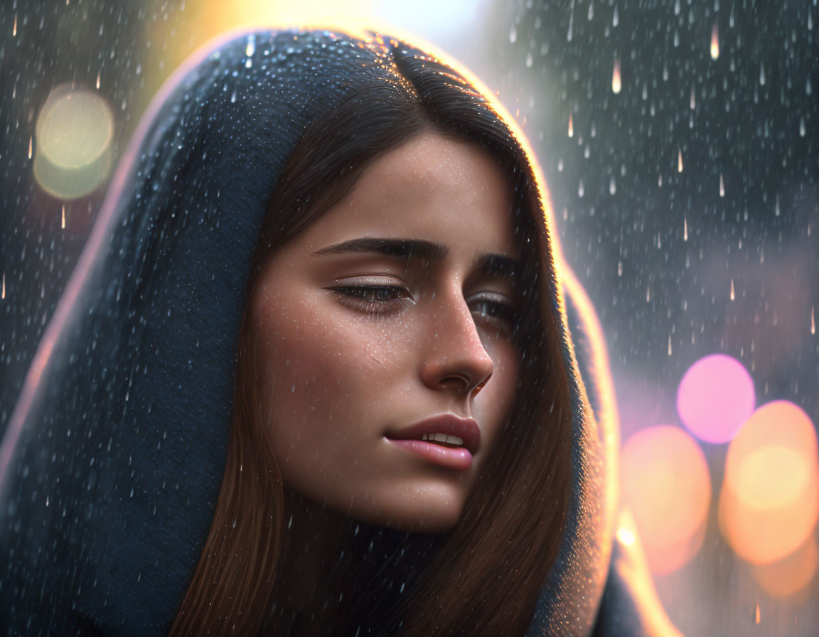 Young woman in blue hood gazes contemplatively amidst raindrops and soft lights.