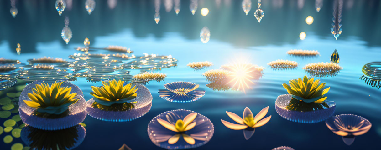 Glowing water lilies in fantasy scene with shimmering droplets and radiant sunburst