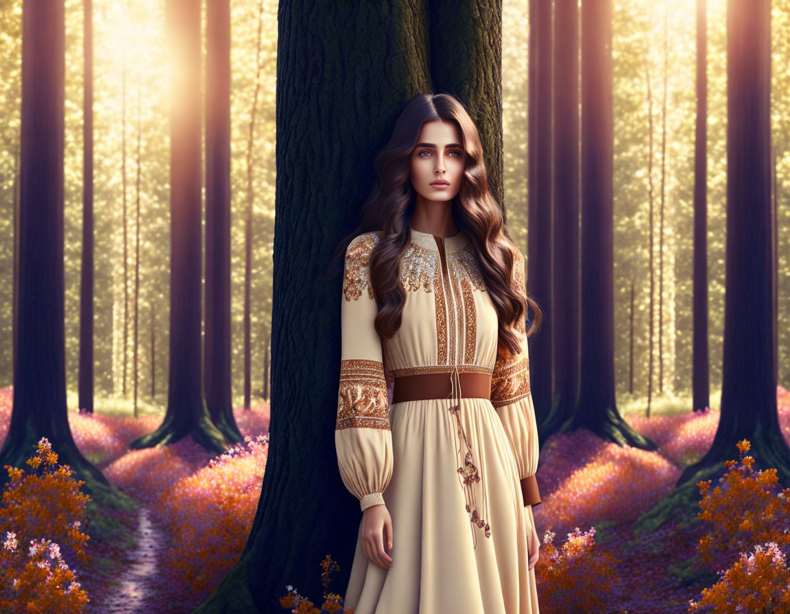 Woman in ornate dress by tree in mystical forest with warm sunlight.