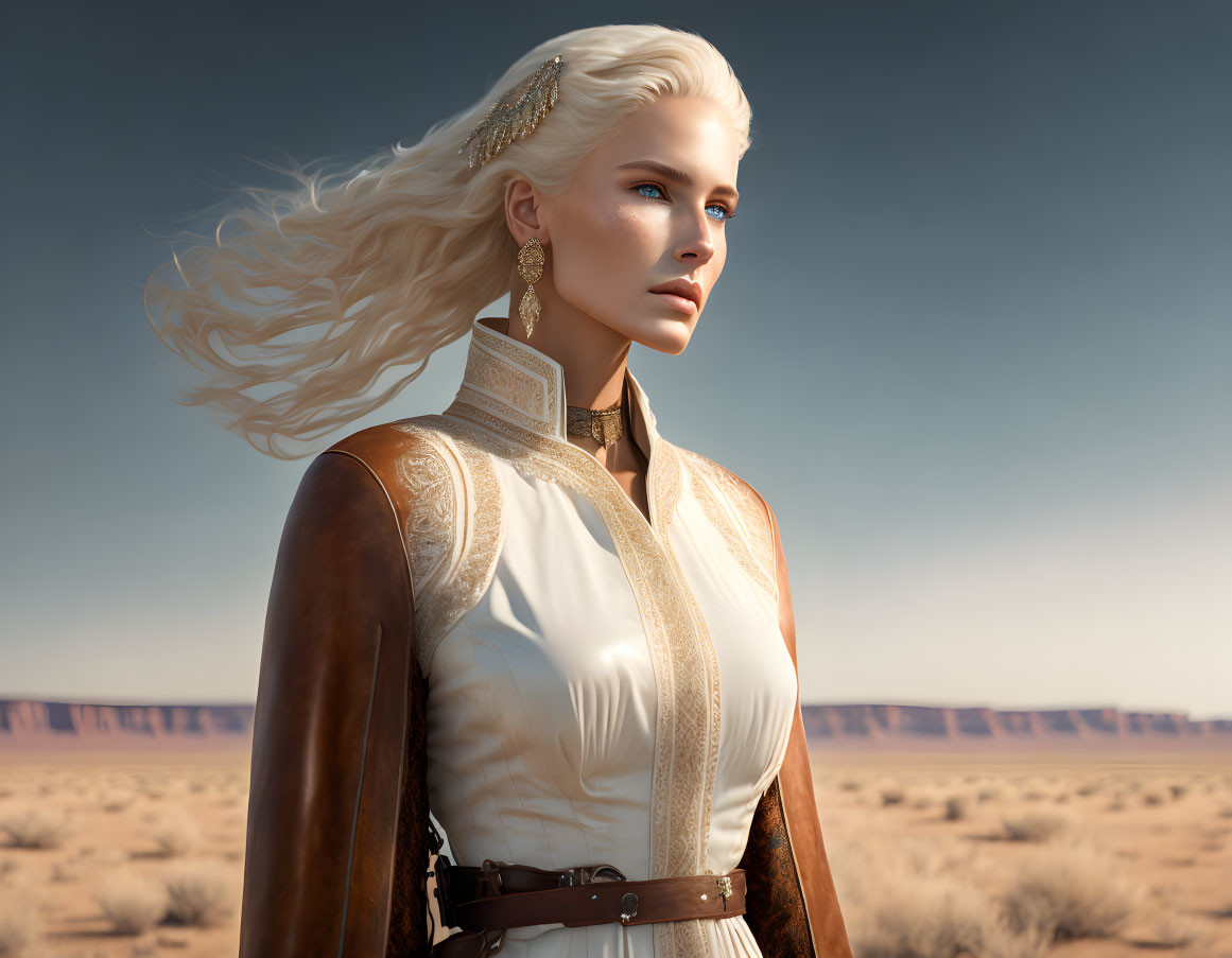 Blonde elven character with blue eyes in desert landscape