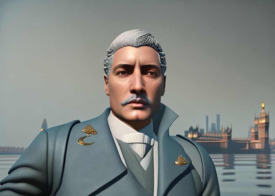 Stylized 3D illustration of gentleman in blue-grey suit against city backdrop