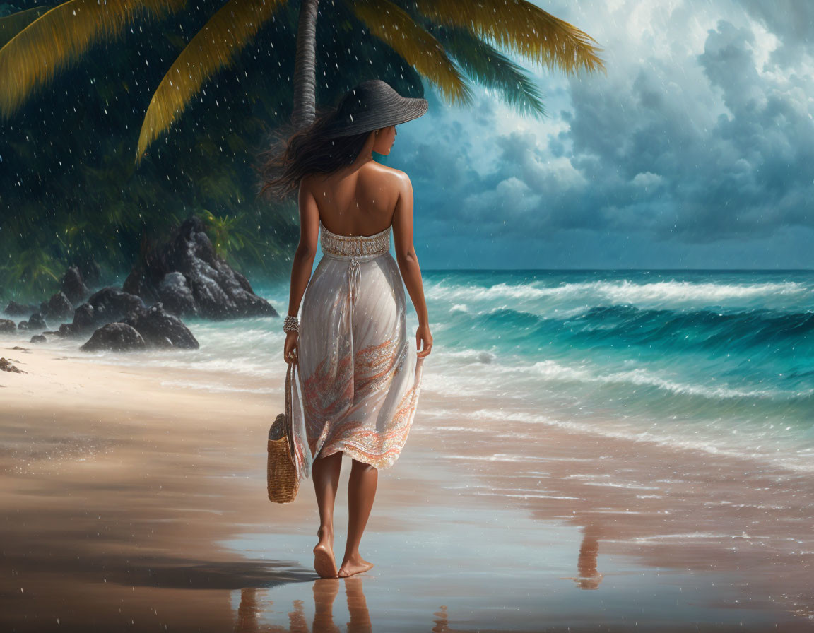 Woman in white dress and hat walking on beach with storm clouds above