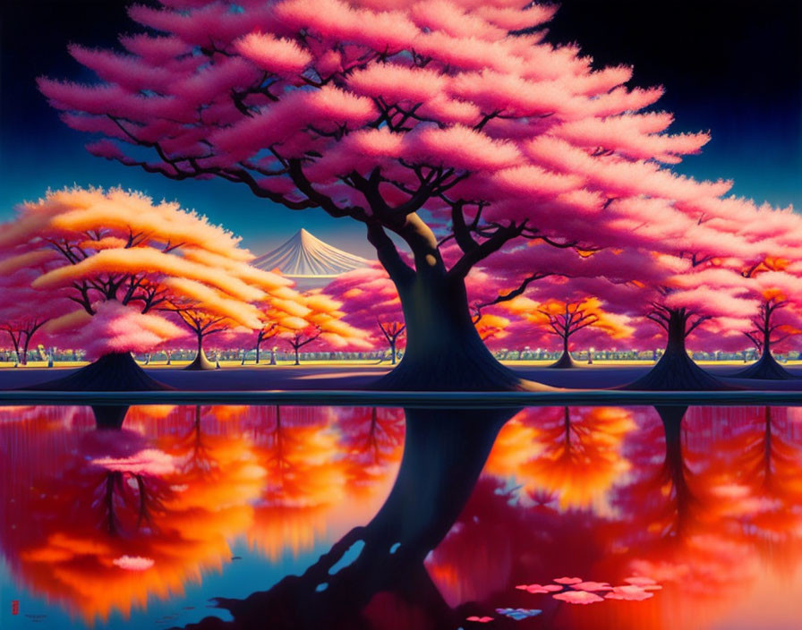 Pink Cherry Blossom Trees Reflecting on Water Under Purple-Blue Sky