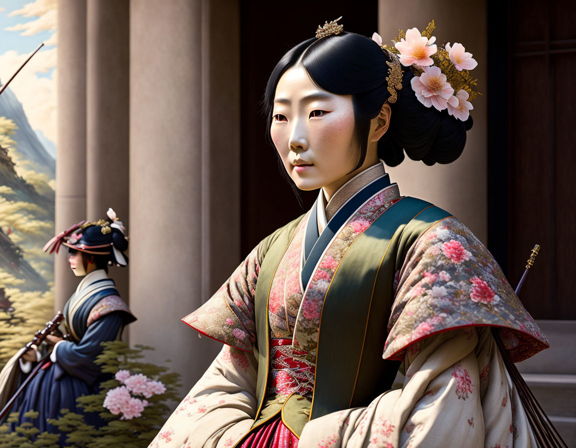 Traditional Japanese woman in floral hair ornament near wooden structure, with samurai in background