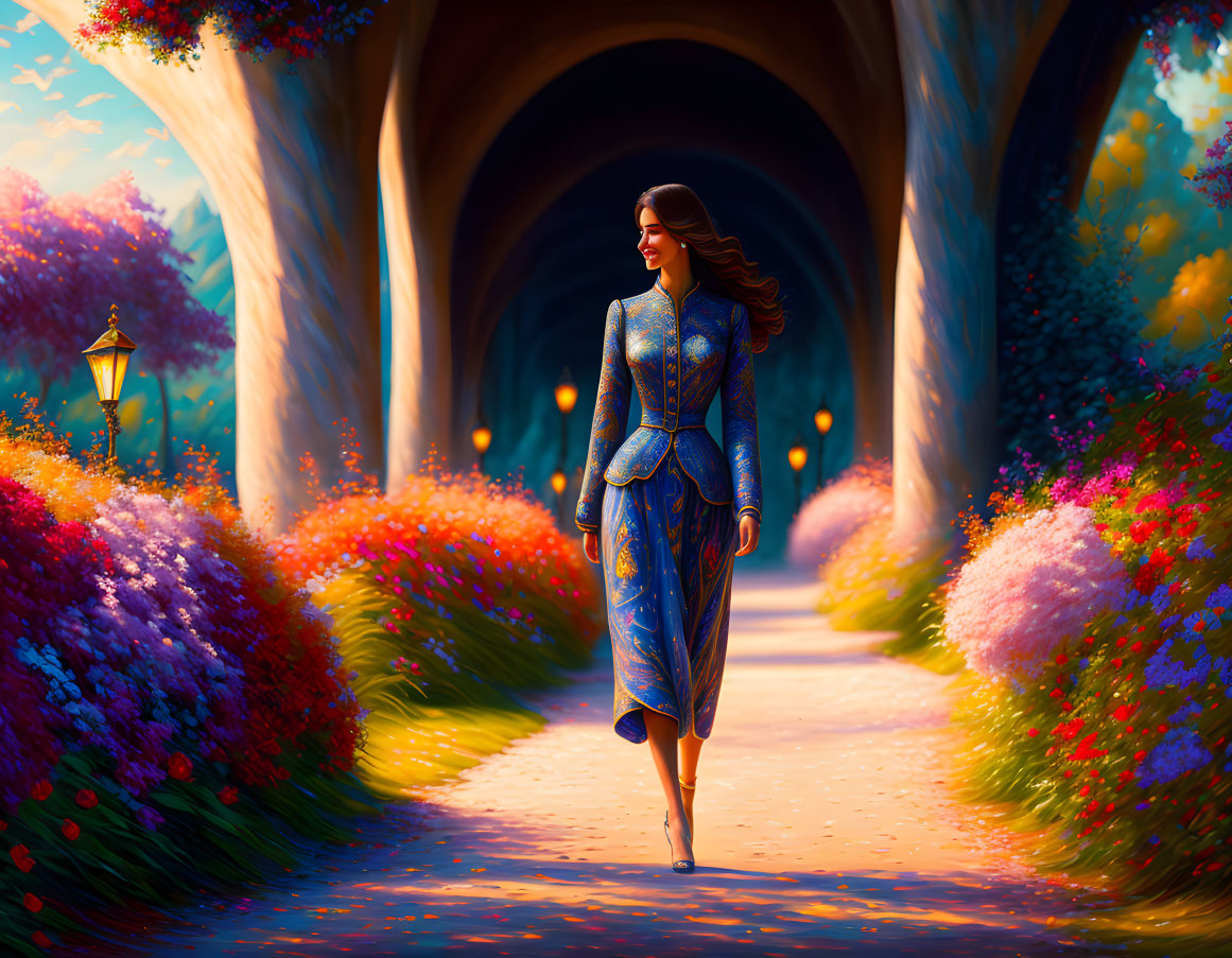 Woman in Blue Dress Walking Through Flower-Lined Tunnel with Lantern in Colorful Landscape