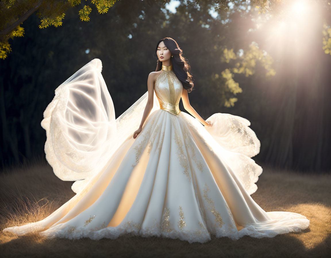 Elegant woman in white wedding dress with golden embroidery in sunlit forest