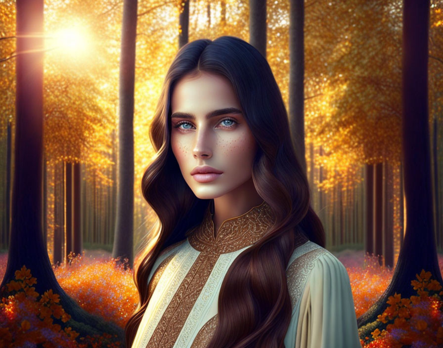 Digital artwork of woman with long brown hair and blue eyes in forest with sunlight.