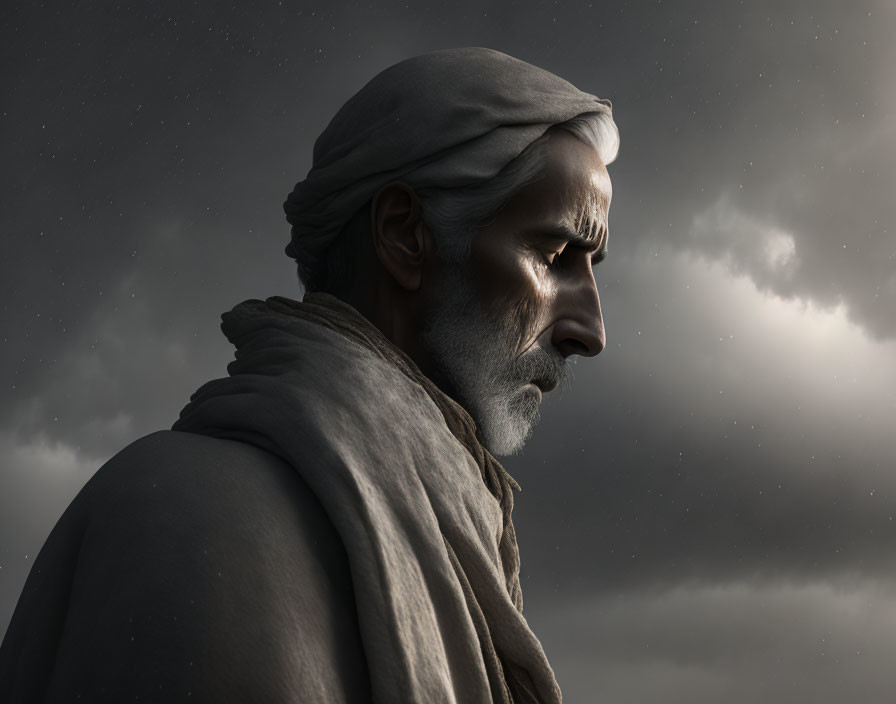 Bearded man in headscarf gazes under dark skies