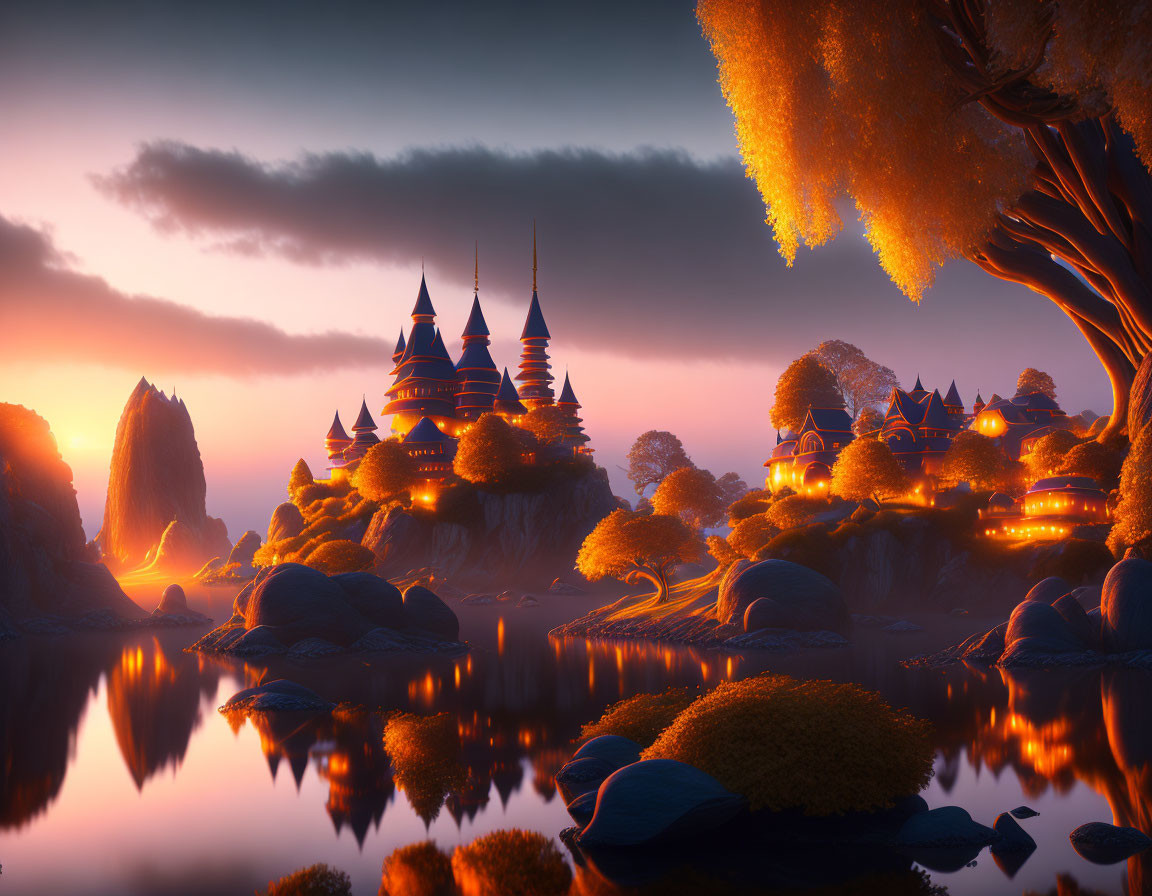 Fantastical sunset landscape with illuminated castles, rocky outcrops, water, and ancient tree